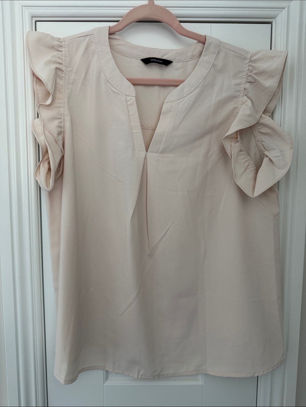 Light Peach Ruffle Sleeve V-Neck Blouse